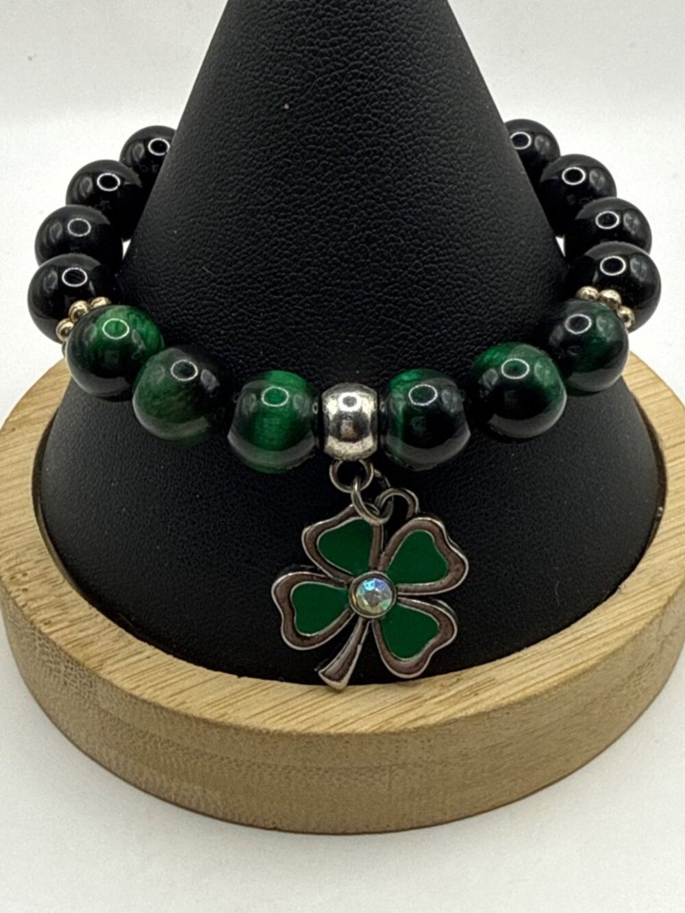 Green Tiger Eye Black Onyx Beaded Bracelet Lucky Four Leaf Clover Charm Boho